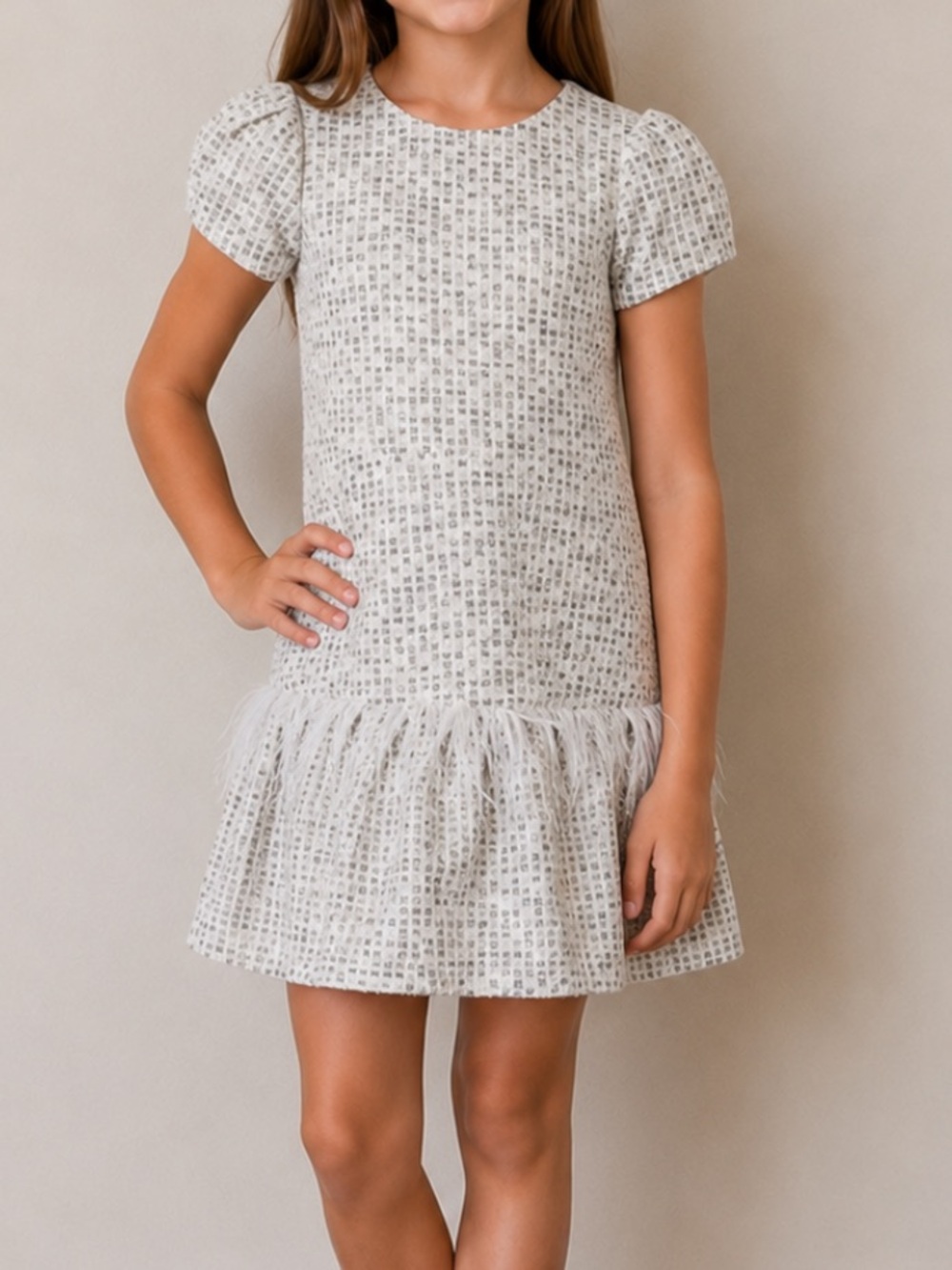 Zoe Ltd Girl's Lexie Feathered Tweed Dress - Size 10